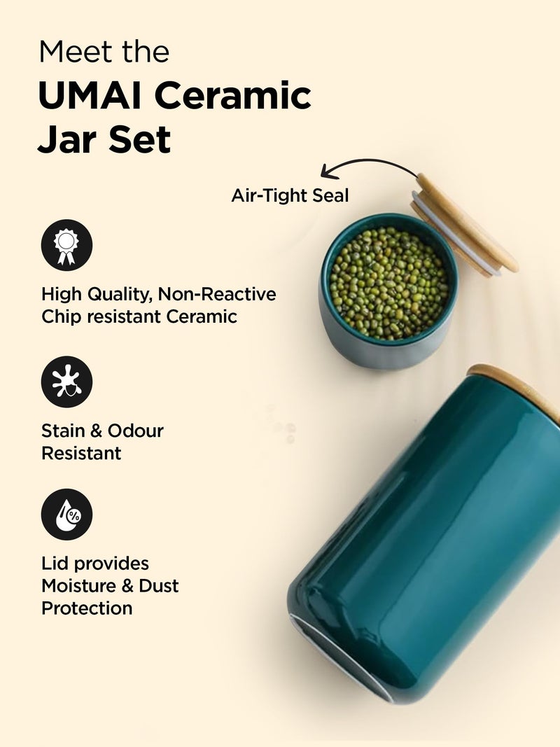 UMAI Ceramic Jars Set with Bamboo Lid & Stand | 3 Pieces Kitchen Storage Containers Set - 260ml, 800ml & 1000ml|Air Tight & Multipurpose|Premium Packaging|Kitchen Organizer Items and Storage|Green - Image 3