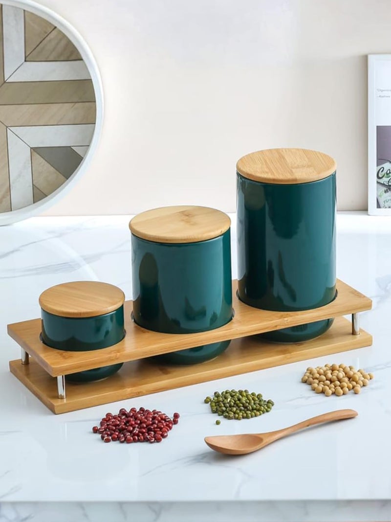 UMAI Ceramic Jars Set with Bamboo Lid & Stand | 3 Pieces Kitchen Storage Containers Set - 260ml, 800ml & 1000ml|Air Tight & Multipurpose|Premium Packaging|Kitchen Organizer Items and Storage|Green - Image 2