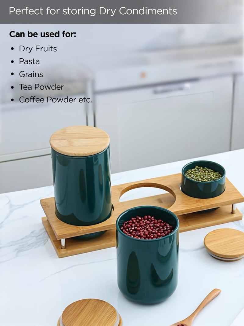 UMAI Ceramic Jars Set with Bamboo Lid & Stand | 3 Pieces Kitchen Storage Containers Set - 260ml, 800ml & 1000ml|Air Tight & Multipurpose|Premium Packaging|Kitchen Organizer Items and Storage|Green - Image 5