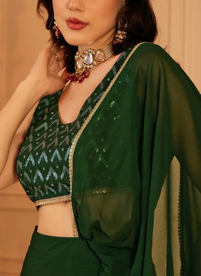 Indo Street Embellished V Neck Top & Skirt Set for Women