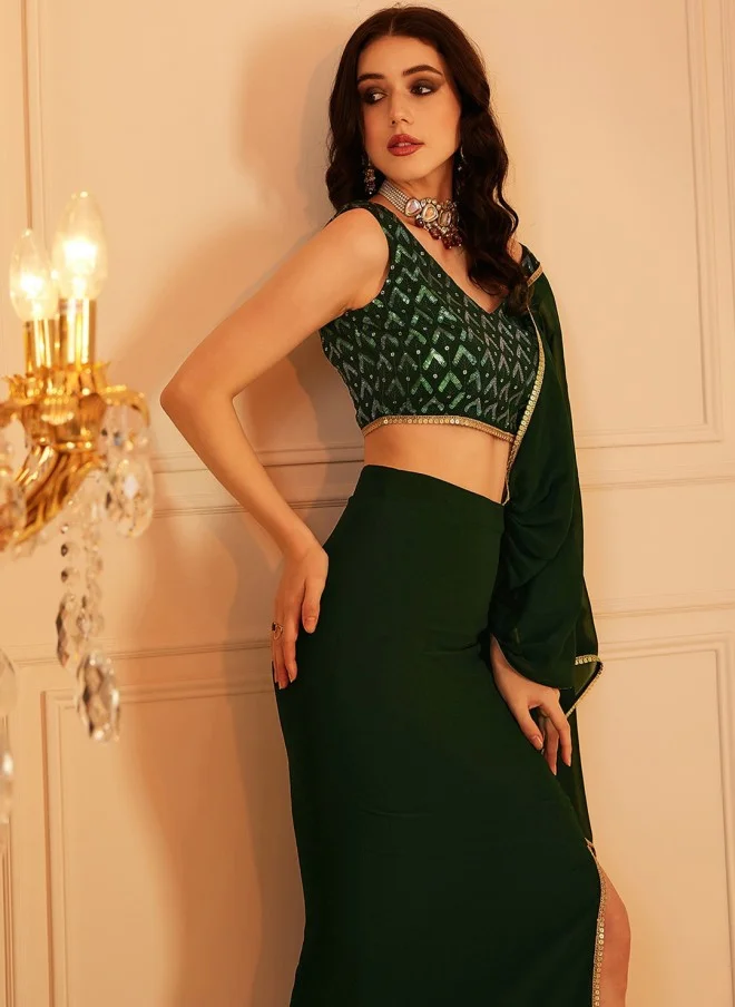 Indo Street Embellished V Neck Top & Skirt Set for Women