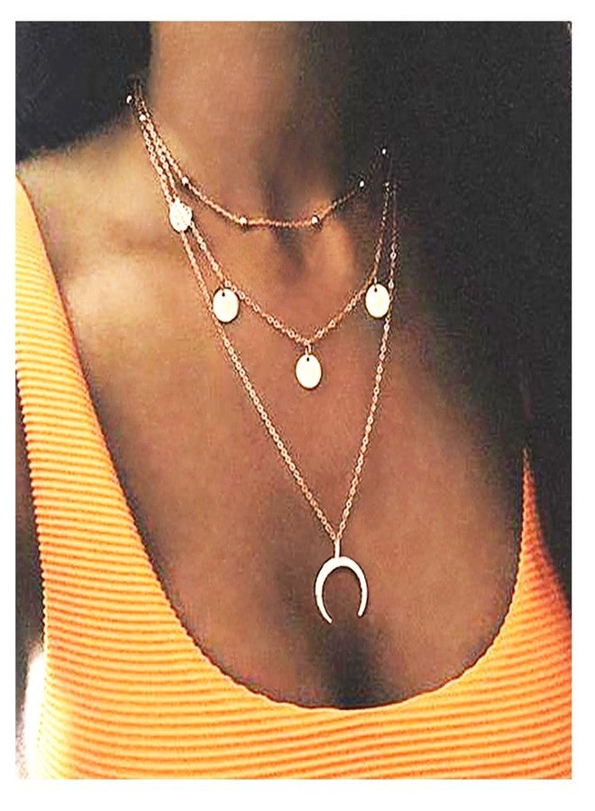 Wowanoo Layered Chain Choker Necklace Moon Sequins Pendant, GoldS, Size No Size - Image 2