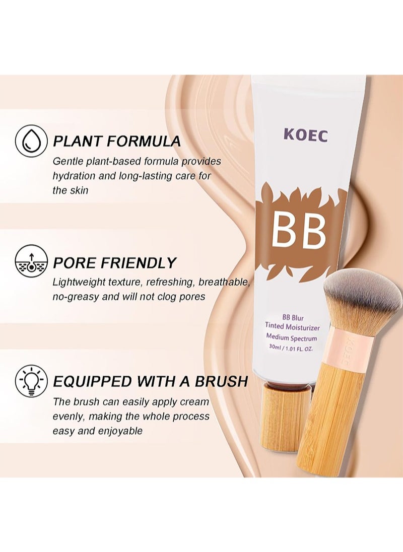 KOEC - BB Blur Tinted Moisturizer SPF 30,BB Tinted Care Primer with Brush,BB Cream Tinted Moisturizer with Broad Spectrum SPF,Full Coverage Light-Medium Skin Color Hydrating and Smoothing - Image 1