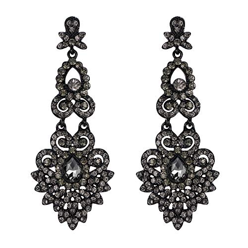 Flyonce Bridal Crystal Vintage Style Art Deco Chandelier Dangle Earrings for Women Grey Black-Tone - Image 1