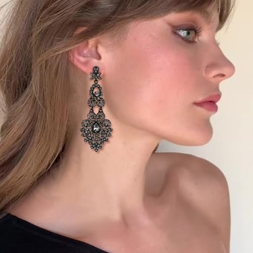 Flyonce Bridal Crystal Vintage Style Art Deco Chandelier Dangle Earrings for Women Grey Black-Tone - Image 2