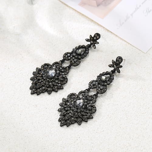 Flyonce Bridal Crystal Vintage Style Art Deco Chandelier Dangle Earrings for Women Grey Black-Tone - Image 5