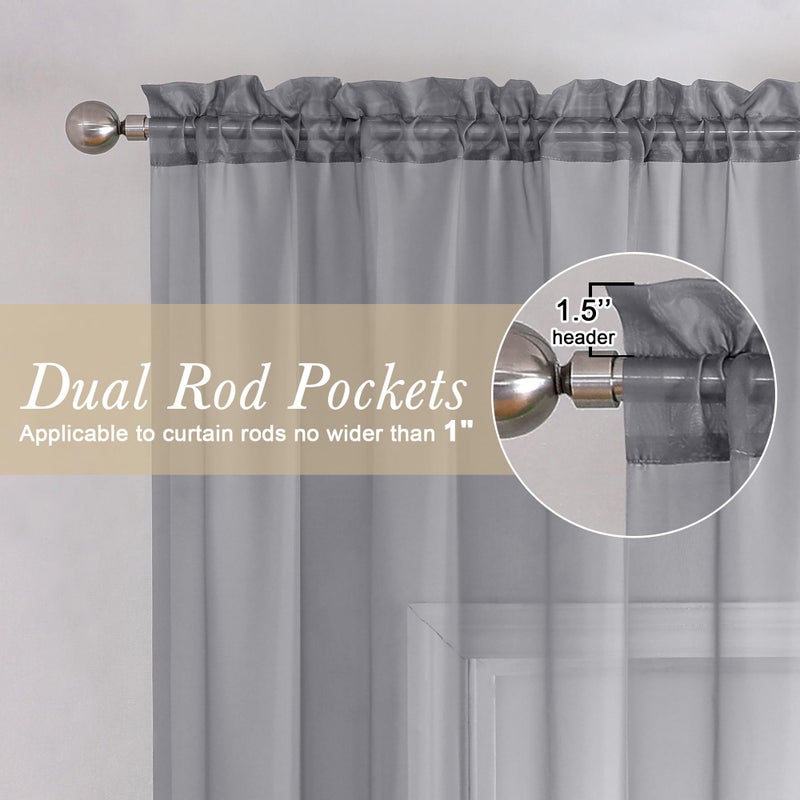 Lecloud Grey Sheer Curtains 63 Inch Long 2 Panels, Elegant Voile Drapes for Dinning Small Windows, Light Filtering Voile Curtain for Living Room Bedroom Bathroom, Dual Rod Pocket, 40" Wx63 L - Image 2