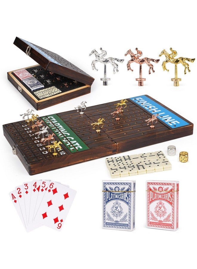 Agirlgle Deluxe Folding Horse Racing Board Game Set with Metal Horses, Foldable Board, Metal Dice, Domino Set, and Card Game - Premium Family Strategy Board Game for Parties, Travel, and Game Night - Image 1