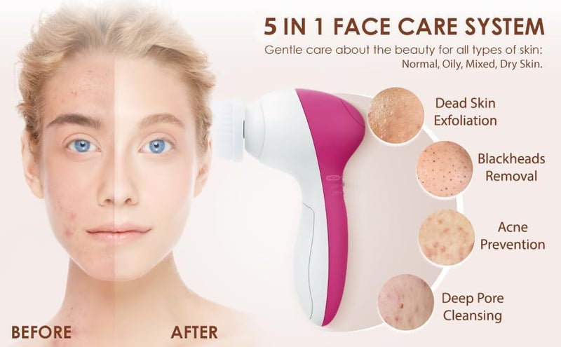 OLAMLY Face Scrubber, Facial Cleansing Brush, 5 in 1 Spin and Vibration Patented Tech, Silicone Electric Exfoliator Scrubber with Automatic Foaming, Waterproof Face Cleanser Brush for Men and Women - Image 2