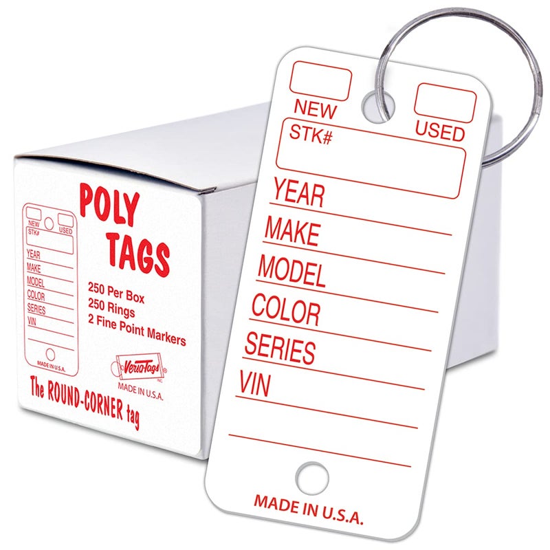 VersaTags 250 TearProof Poly Key Tags Plastic Key Tags for Automotive Truck or RV Dealerships White Made in USA