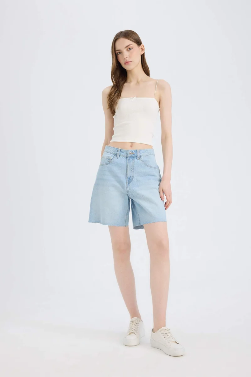 ديفاكتو High Waist Denim Bermuda Shorts
