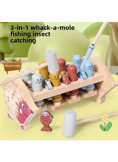 Wooden Knocking Gopher Toy Multifunctional Three-in-One Catch Worm Game Baby Early Education Fishing Exercise Hand-eye Coordination-Color:Hedgehog And Gopher Three-in-one/0.8-Specifications:1/set