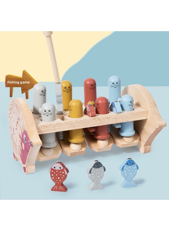 Wooden Knocking Gopher Toy Multifunctional Three-in-One Catch Worm Game Baby Early Education Fishing Exercise Hand-eye Coordination-Color:Hedgehog And Gopher Three-in-one/0.8-Specifications:1/set
