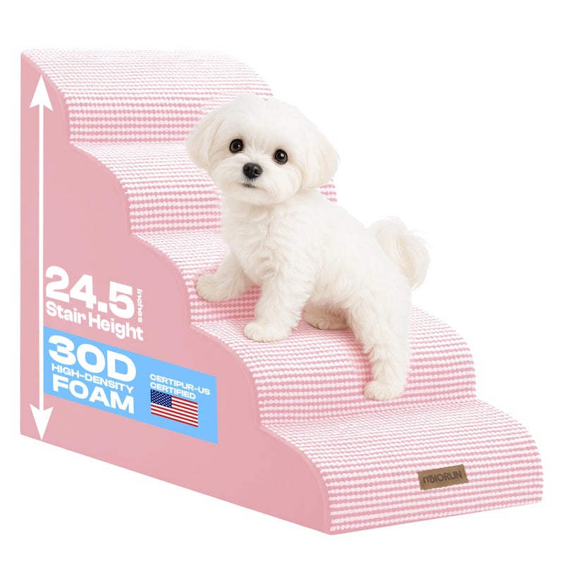 Miorun Curved Dog Stairs for High Bed Up to 26", 5-Step Dog Ramp for Small Dogs with Washable Cover, Non-Slip Steps for Cats to Get on Couch and Sofa, Durable Foam Ladder for Medium Breeds, White Pink - Image 1