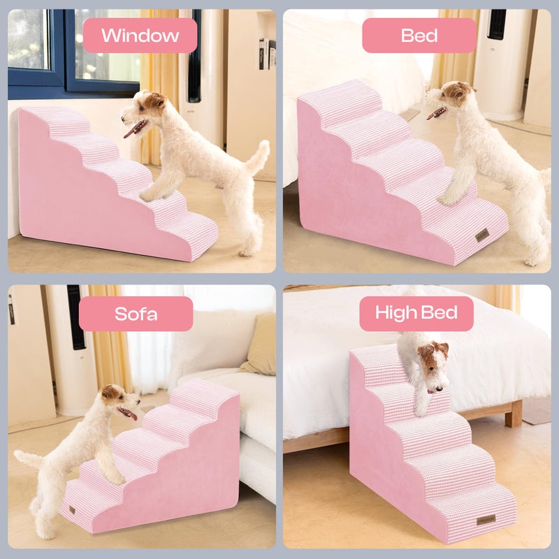 Miorun Curved Dog Stairs for High Bed Up to 26", 5-Step Dog Ramp for Small Dogs with Washable Cover, Non-Slip Steps for Cats to Get on Couch and Sofa, Durable Foam Ladder for Medium Breeds, White Pink - Image 4