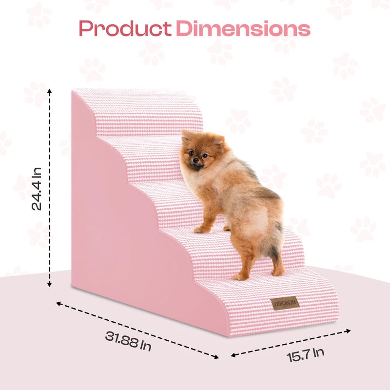 Miorun Curved Dog Stairs for High Bed Up to 26", 5-Step Dog Ramp for Small Dogs with Washable Cover, Non-Slip Steps for Cats to Get on Couch and Sofa, Durable Foam Ladder for Medium Breeds, White Pink - Image 5