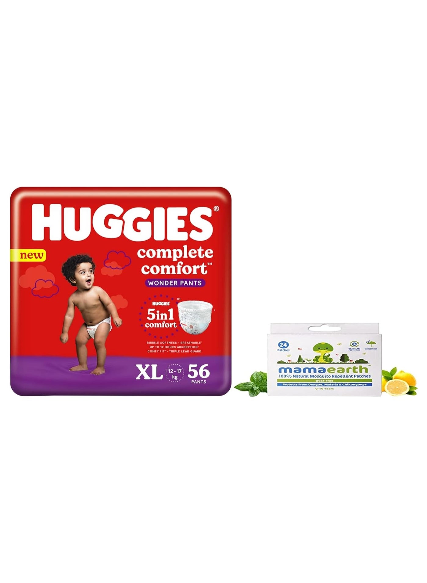 Huggies Wonder Pants Extra Large XL Size Diapers, 56 Count & Mamaearth Natural Repellent Mosquito Patches For Babies with 12 Hour Protection,White,Pack of 1
