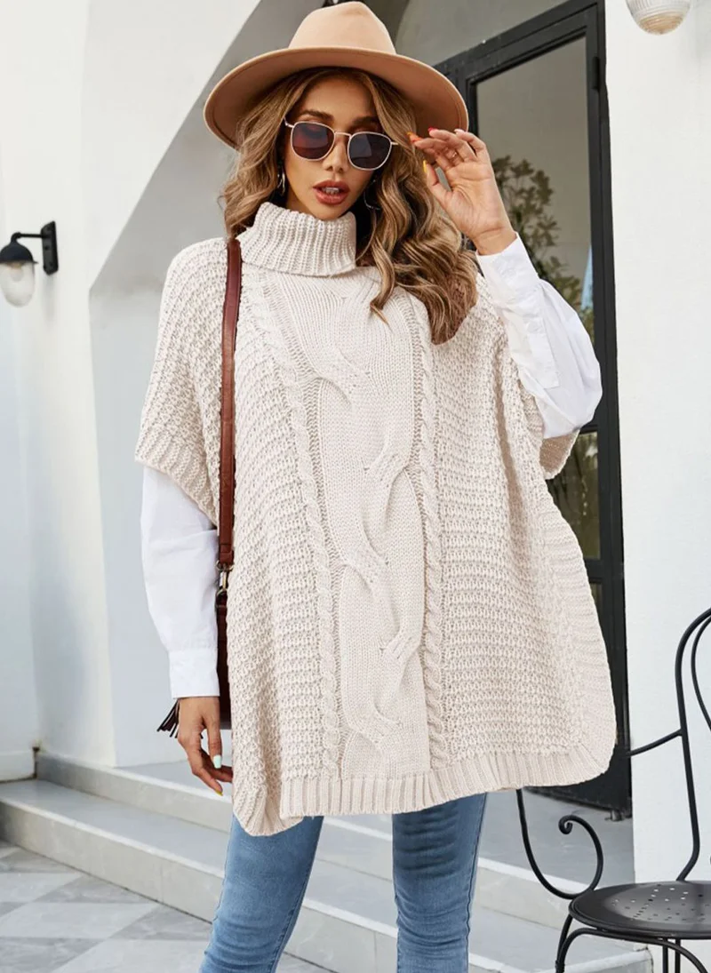 يونيكي Beige  Cable Knit Turtle Neck Long Sleeves Longline Poncho