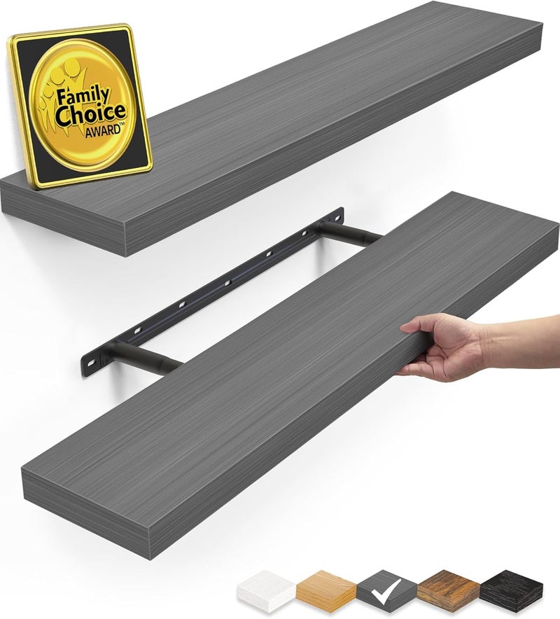 BAYKA Floating Shelves Grey, 22.5 inch Rustic Wood Wall Mounted Shelves for Bathroom, Bedroom, Living Room, Kitchen, Hanging Shelf for Books/Storage/Decor (Gray,Set of 2) - Image 1