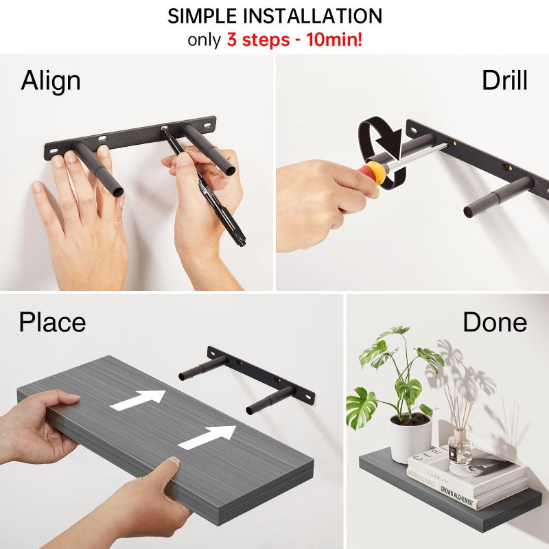 BAYKA Floating Shelves Grey, 22.5 inch Rustic Wood Wall Mounted Shelves for Bathroom, Bedroom, Living Room, Kitchen, Hanging Shelf for Books/Storage/Decor (Gray,Set of 2) - Image 5