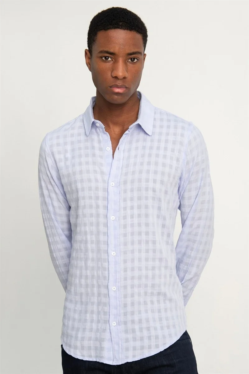 Tudors Slim Fit Long Sleeve Cotton Self-Patterned Piping Plain Men's Shirt -