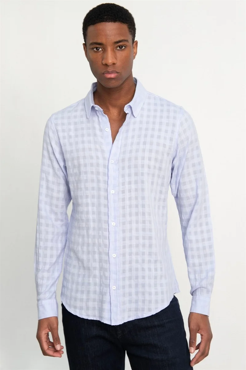 Tudors Slim Fit Long Sleeve Cotton Self-Patterned Piping Plain Men's Shirt -
