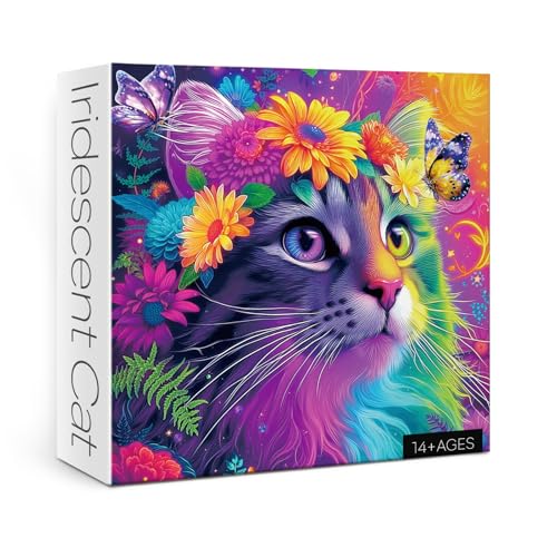 Larkipuzz Colorful Cat Flower Puzzles for Adults 1000 Pieces Fantasy Kitten Butterfly Jigsaw Puzzle Rainbow Difficult Animal Art Puzzles - Image 1