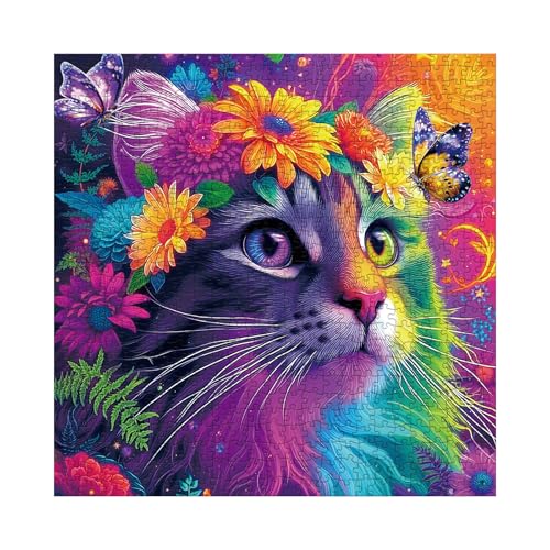 Larkipuzz Colorful Cat Flower Puzzles for Adults 1000 Pieces Fantasy Kitten Butterfly Jigsaw Puzzle Rainbow Difficult Animal Art Puzzles - Image 5