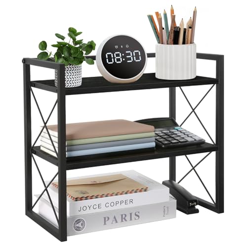 YINMIT Desktop Shelf Organizer 2 Tier Office Shelves Wood Desk Organizer Storage Rack and Freestanding Display Shelf for Office Dormitory HomeBlack
