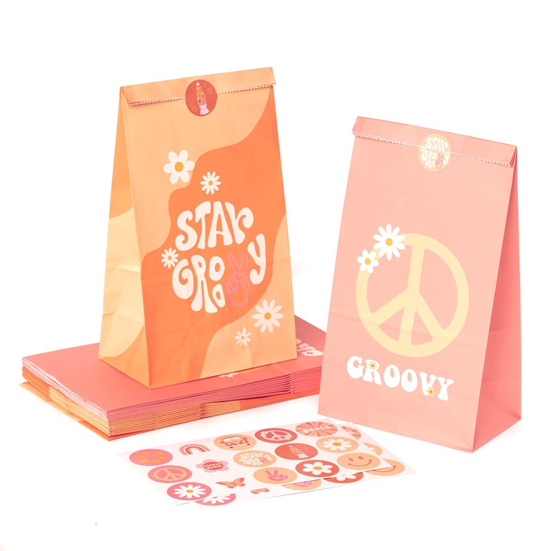 A1diee 24Pcs Groovy Retro Hippie Boho Party Favors Bags with Stickers Star Groovy Snacks Candy Party Favors Supplies Paper Bags Rainbow Pink Orange Gift Bags for Girls Birthday Baby Shower Wedding - Image 1
