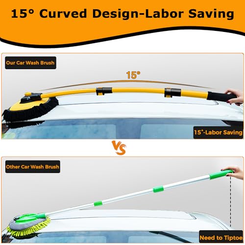 WillingHeart 15°Curved Car Wash Brush with Long Handle 43" Extension Pole RV Truck Microfiber Cleaning Mop Auto SUV Wheel Boat Exterior Interior Detailing 2 in 1 Carwash Duster Not Hurt Paint Scratch Free - Image 2
