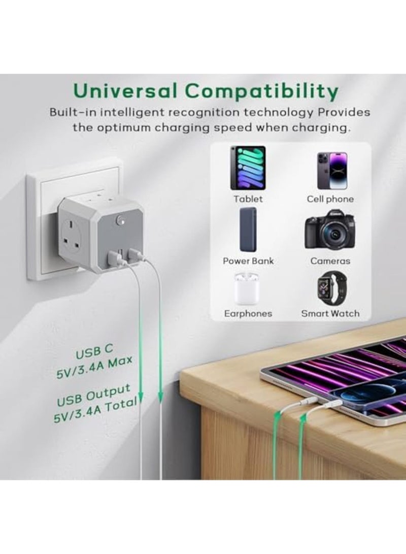 SYOSI 7-in-1 Multi Plug Adapter with 1 USB C, 2 USB A, 4 Way 3 Plugs Socket Adapter, 4 Way Wall Socket Extension, 13A UK Power Cube Extender for Travel Home Office Kitchen - Image 5