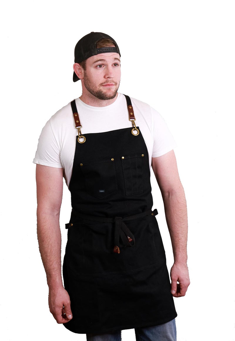 Caldo Canvas Kitchen Apron for Cooking Mens and Womens Canvas Apron for Professional Chef Server or Barista Adjustable with Pockets Black