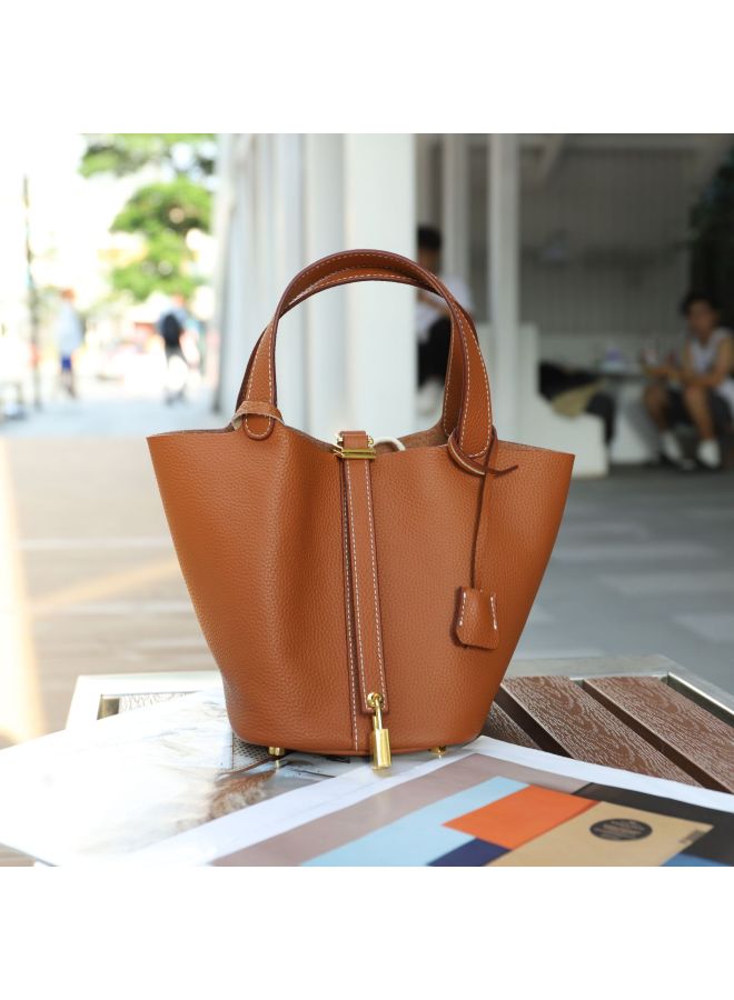 Jinlida Layer Cowhide Leather Women's Bag Fashion Casual Bucket Bag Open Basket Bag Soft Leather Handbag - Image 1