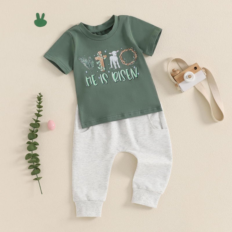 Frietlebird Toddler Boy Easter Outfit Letters Short Sleeve T-shirt and Pants Sets Easter Outfit Toddler Boy (A-Green,2-3T) - Image 2