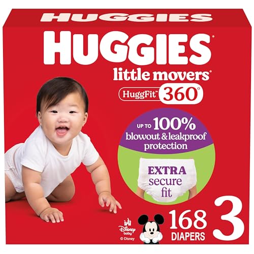 Huggies Size 3 Baby Diapers, Little Movers HuggFit 360° Baby Diapers with 360° Waistband, Size 3 (16-28 lbs), 168 Count (3 Packs of 56), Packaging May Vary - Image 1