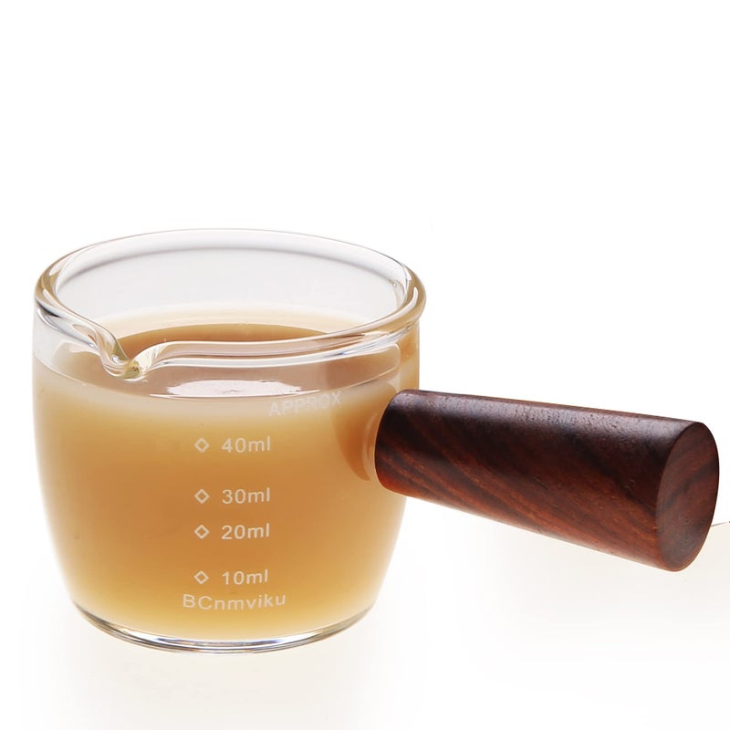 BCnmviku Espresso Shot Glass 40ML/1.5OZ Borosilicate glass Triple Pitcher Barista Single Spouts With Wood Handle (1) - Image 1