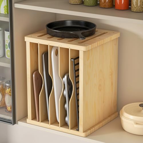 tonchean 6 Tier Wooden Tray Dividers for Cabinets Baking Cookie Sheet Organizer for Pot, Pans, Baking Tray Organizer for Kitchen Documents Storage - Image 2