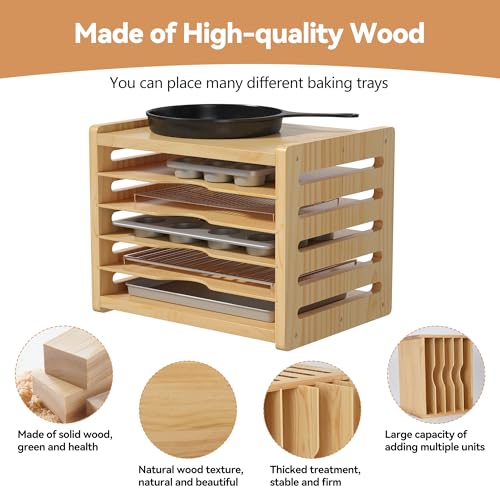 tonchean 6 Tier Wooden Tray Dividers for Cabinets Baking Cookie Sheet Organizer for Pot, Pans, Baking Tray Organizer for Kitchen Documents Storage - Image 4