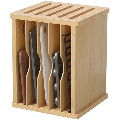 tonchean 6 Tier Wooden Tray Dividers for Cabinets Baking Cookie Sheet Organizer for Pot, Pans, Baking Tray Organizer for Kitchen Documents Storage - Image 1