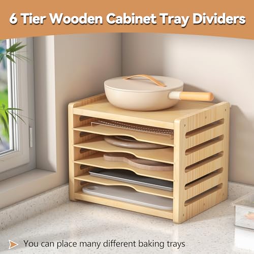 tonchean 6 Tier Wooden Tray Dividers for Cabinets Baking Cookie Sheet Organizer for Pot, Pans, Baking Tray Organizer for Kitchen Documents Storage - Image 5