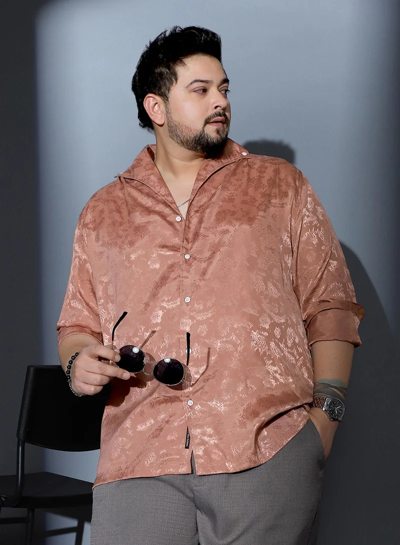 Instafab Plus Instafab Plus Men Flake-Jacquard Satin Shirt | One Piece Collar , Long Cuffed Sleeves | Button Closure , Straight Hem | Abstract Jacquard Material | Woven Fabric For Party & Evening Wear | Dark Peach