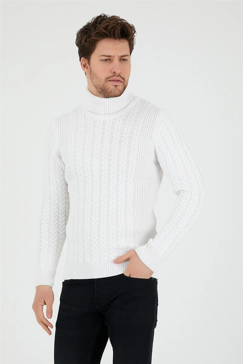 Cool Tarz Cool Style White Men's Knitted Patterned Turtleneck Knitwear SWEATER-TRZ8146R12S