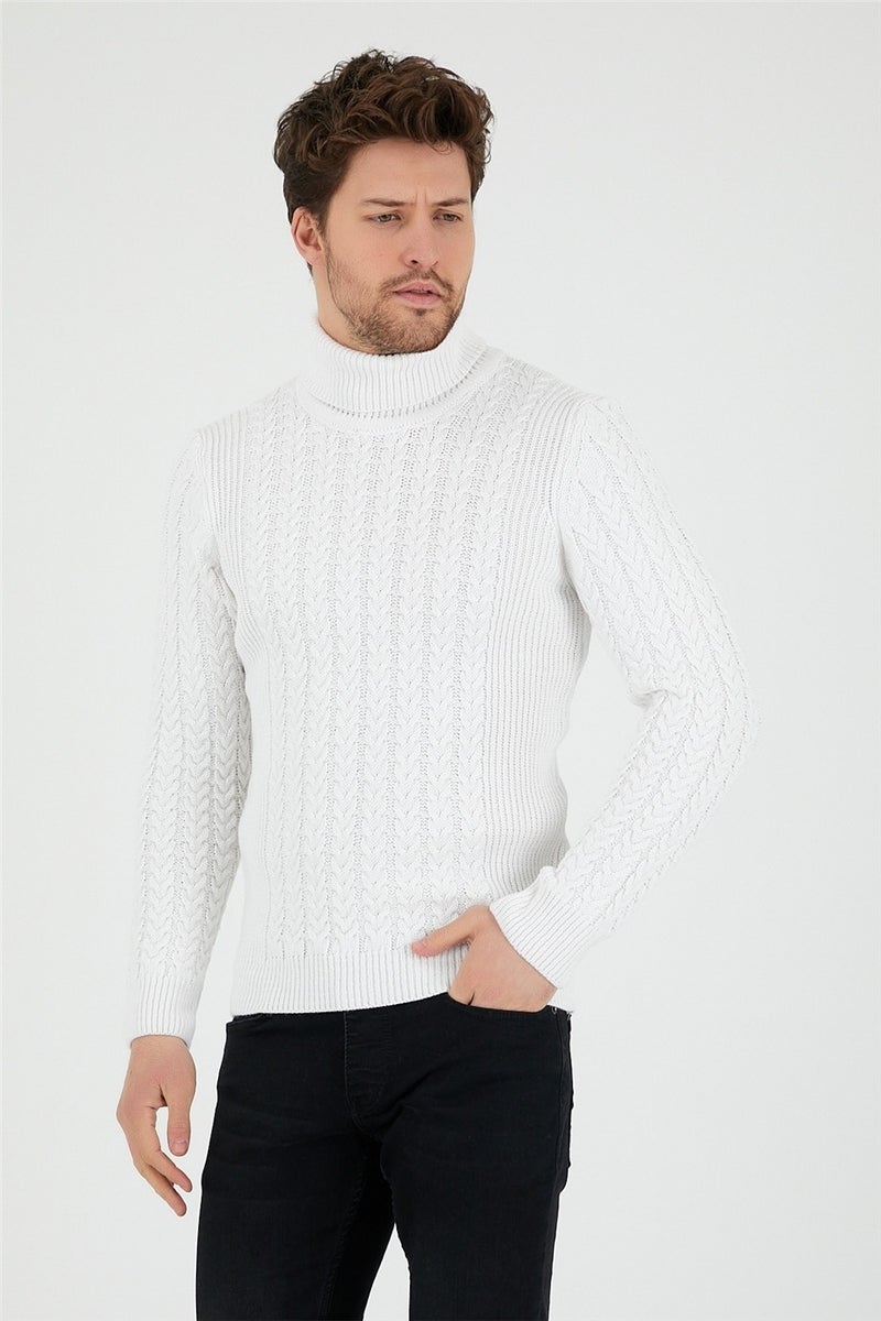 Cool Tarz Cool Style White Men's Knitted Patterned Turtleneck Knitwear SWEATER-TRZ8146R12S  - Image 3