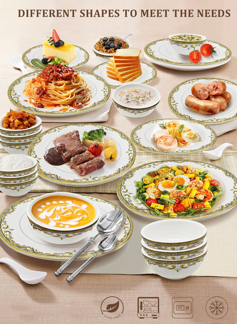 nihao طقم عشاء من البورسلين عالي الجودة مكون من 18 قطعة - يتضمن 6 أطباق بحجم 10 بوصة، 6 أطباق بحجم 8 بوصة، 6 سلطانيات خضار بحجم 4.5 بوصة، أطقم أدوات مائدة خزفية، آمنة للاستخدام في الميكروويف والفريزر/ صديقة للبيئة وآمنة للطعام - Image 2
