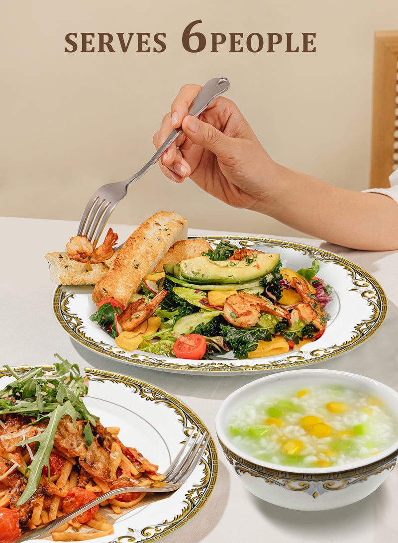 nihao طقم عشاء من البورسلين عالي الجودة مكون من 18 قطعة - يتضمن 6 أطباق بحجم 10 بوصة، 6 أطباق بحجم 8 بوصة، 6 سلطانيات خضار بحجم 4.5 بوصة، أطقم أدوات مائدة خزفية، آمنة للاستخدام في الميكروويف والفريزر/ صديقة للبيئة وآمنة للطعام - Image 3