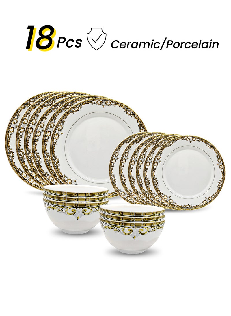 nihao طقم عشاء من البورسلين عالي الجودة مكون من 18 قطعة - يتضمن 6 أطباق بحجم 10 بوصة، 6 أطباق بحجم 8 بوصة، 6 سلطانيات خضار بحجم 4.5 بوصة، أطقم أدوات مائدة خزفية، آمنة للاستخدام في الميكروويف والفريزر/ صديقة للبيئة وآمنة للطعام - Image 1