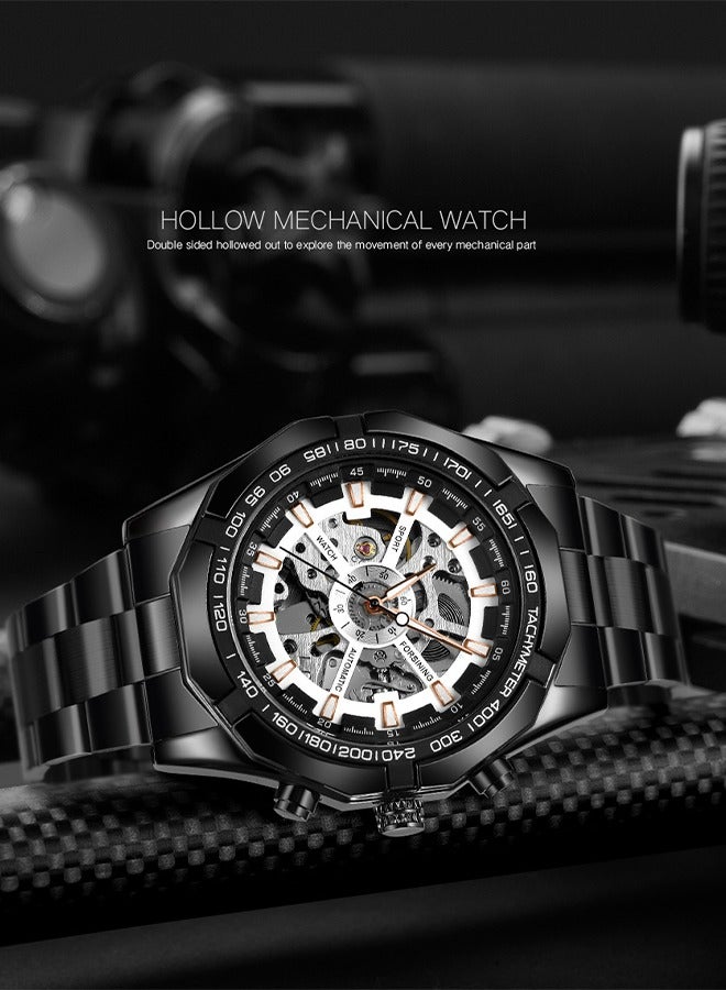 FORSINING ​​Forsining Men's Skeleton Mechanical Watch - Black Metal Bracelet with Open-Heart Dial, Luminous Hands, Hand-Winding Movement, Modern Industrial Style for Business & Casual Wear​​  - Image 3