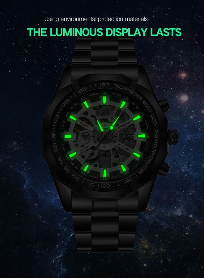 FORSINING ​​Forsining Men's Skeleton Mechanical Watch - Black Metal Bracelet with Open-Heart Dial, Luminous Hands, Hand-Winding Movement, Modern Industrial Style for Business & Casual Wear​​  - Image 4