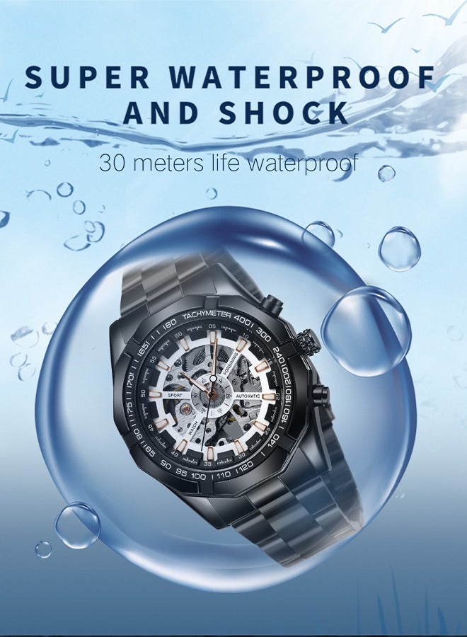 FORSINING ​​Forsining Men's Skeleton Mechanical Watch - Black Metal Bracelet with Open-Heart Dial, Luminous Hands, Hand-Winding Movement, Modern Industrial Style for Business & Casual Wear​​  - Image 5